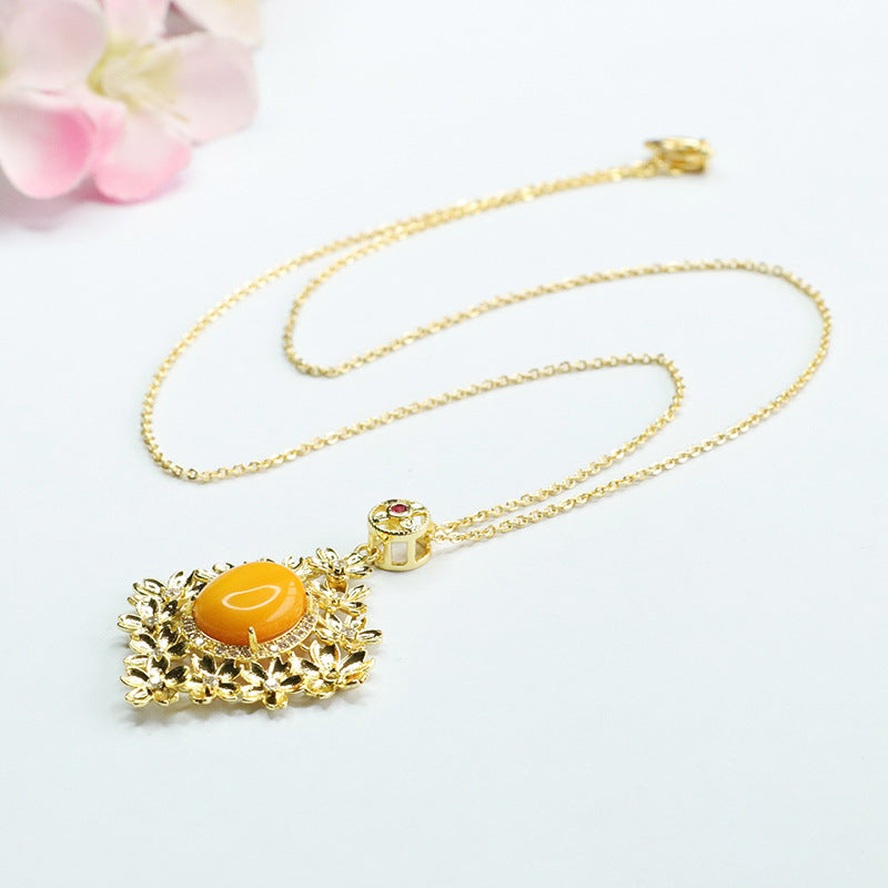 Floral Beeswax Amber Pendant Necklace with Sterling Silver Chain