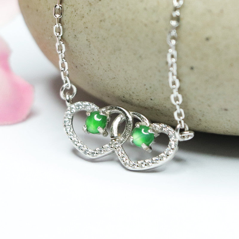 Sterling Silver Double Hollow Love Zircon Necklace with Natural Ice Emperor Green Jade