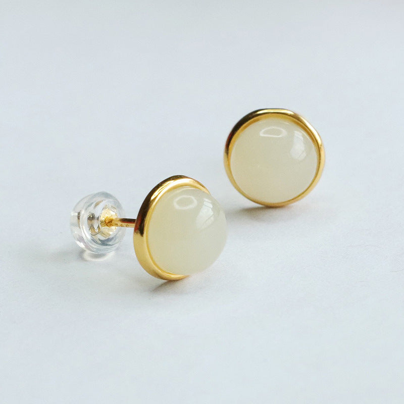 Elegant Round White Jade Earrings with S925 Sterling Silver Insets