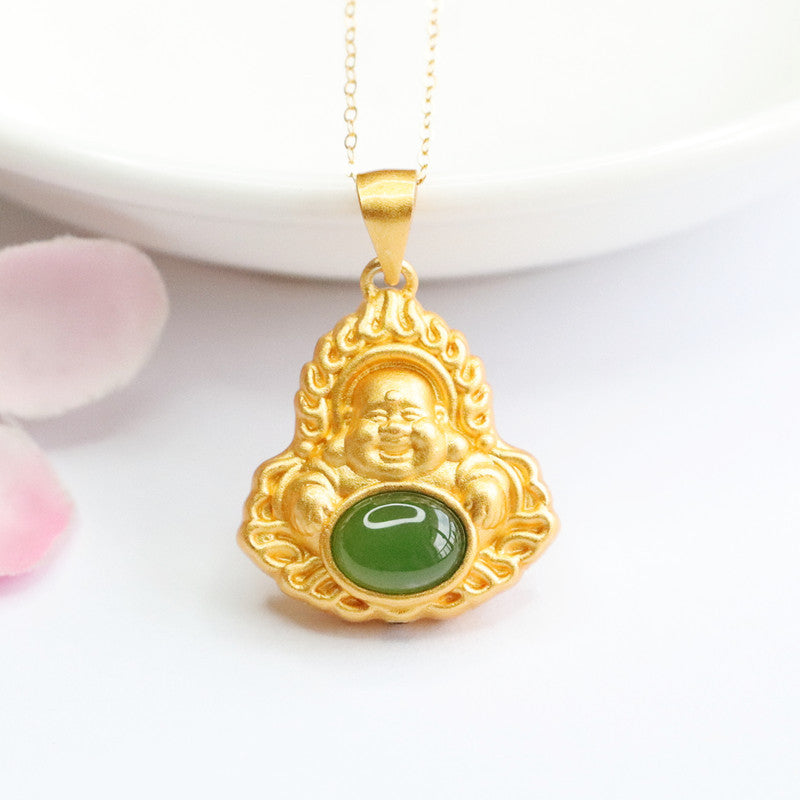 S925 Sterling Silver Hetian Jade Oval Jasper Buddha Necklace Jewelry