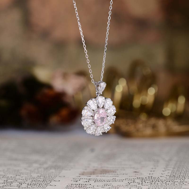 Flower Halo Oval Cut Pink Zircon Silver Necklace