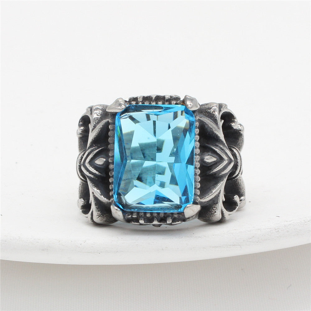 Punk Rectangle Zircon Childern Flower Titanium Steel Ring for Men