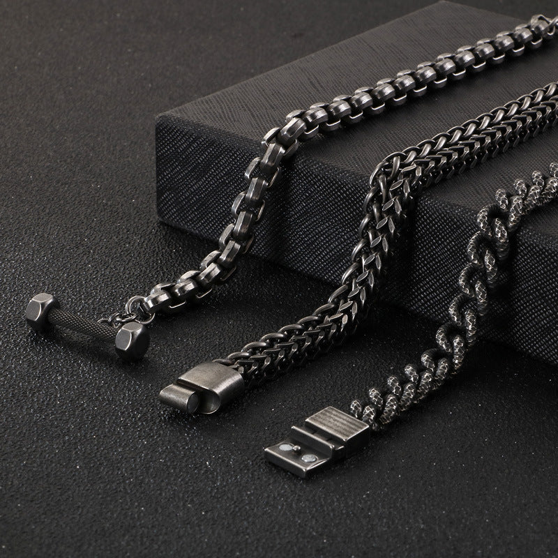 Vintage-inspired Dual-Chain Engraved Barbell Titanium Steel Men's Bracelet