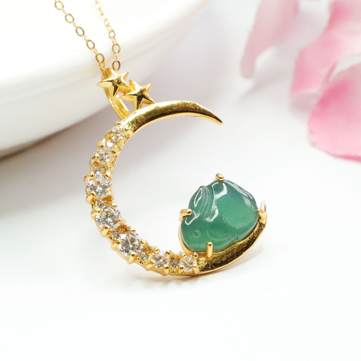 S925 Sterling Silver Necklace with Ice Blue Green Jadeite Rabbit Pendant and Zircon Moon