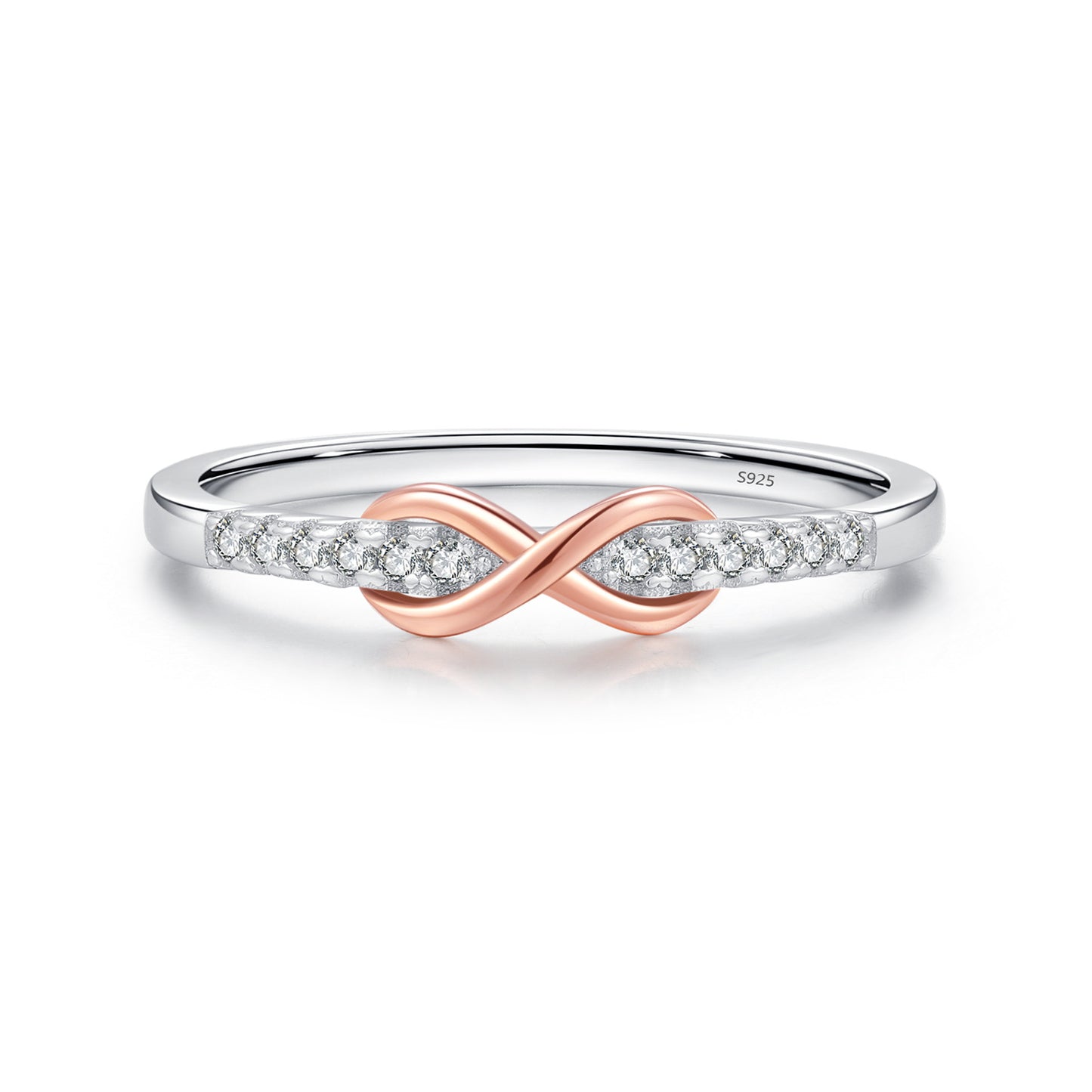 S925 Sterling Silver Mobius Ring with Zircon Arrangement and Rose Gold Plating