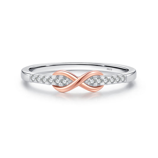 S925 Sterling Silver Mobius Ring with Zircon Arrangement and Rose Gold Plating