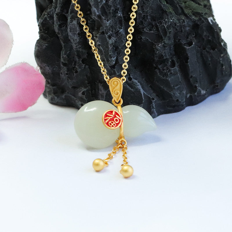 Blessed Gourd White Jade Necklace with Silver Tassel