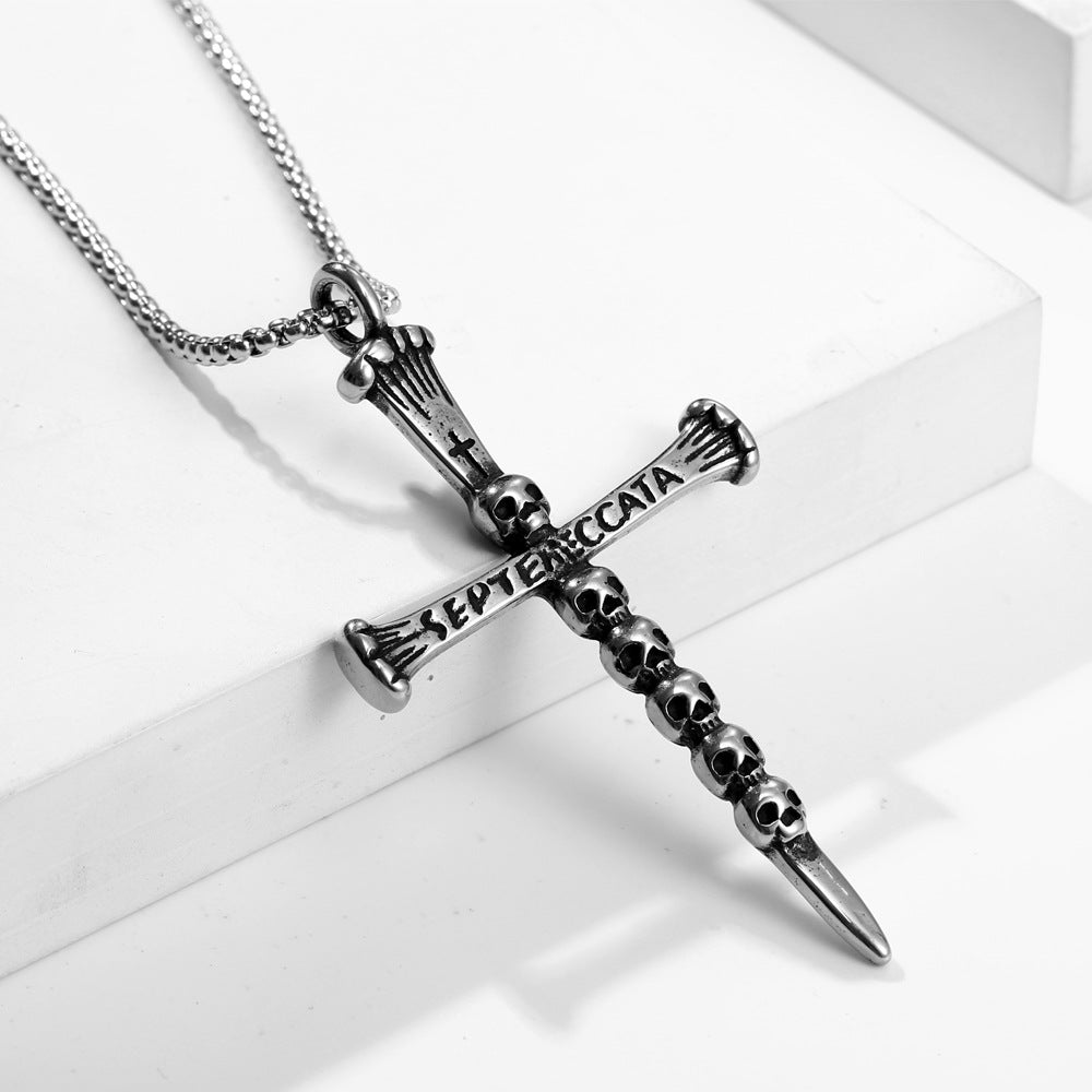 Titanium Steel Ghost Head Sword Cross Pendant Necklace for Men