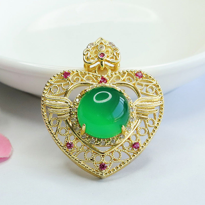 Natural Round Green Chalcedony Hollow Love Pendant Ethnic Style