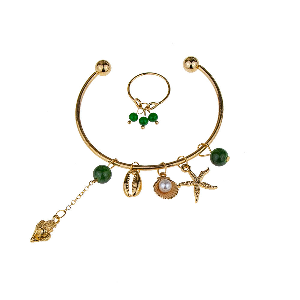 Green Pearl and Conch Shell Alloy Bracelet and Ring Set