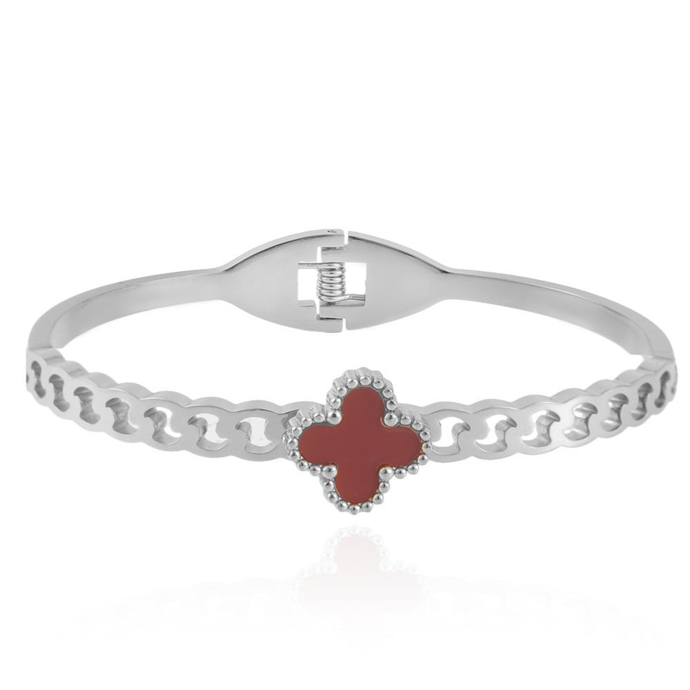 Stainless Steel Four-Leaf Clover Hollow Bracelet - Modern Light Luxury Titanium Steel Accessory