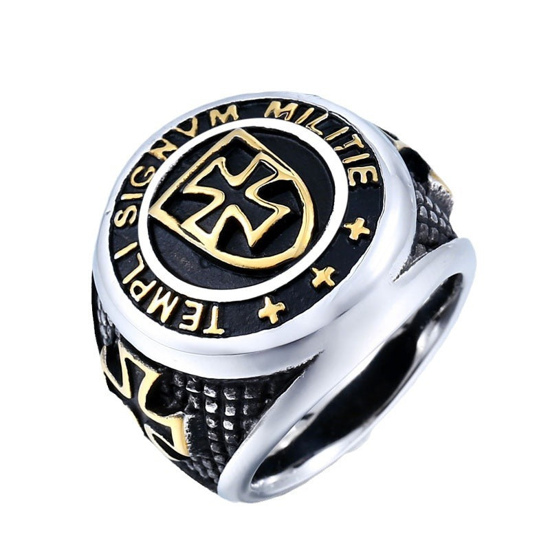 Customizable Retro Titanium Steel Cross Templar Ring for Men - Unique European and American Letter Design