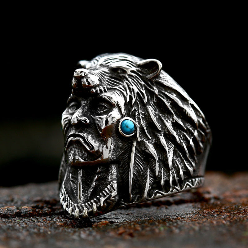 Retro Titanium Steel Chief Ring with Turquoise for Men - Hot Sale Stainless Steel Casting Jewelry