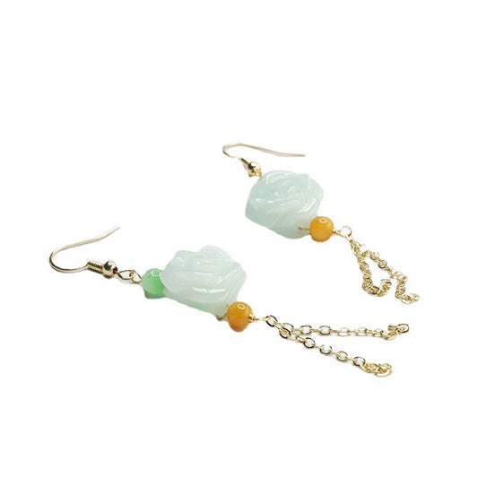 Jade Flower Tassel Earrings with Sterling Silver Ear Hooks