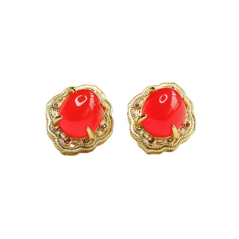 Chalcedony and Agate Retro Stud Earrings in Green with Red Accents