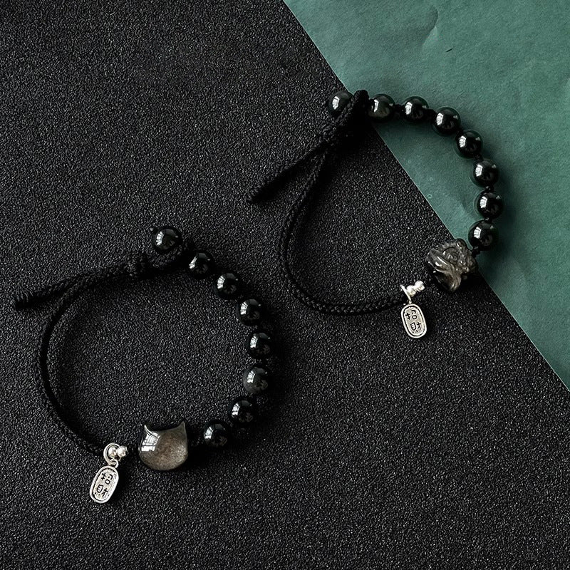 Luxury Obsidian Bracelet with Sterling Silver Lion Dance Design