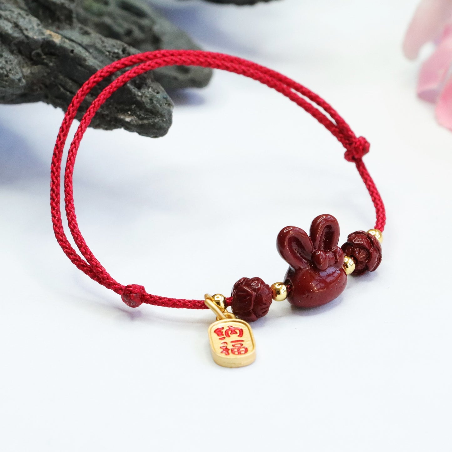 Rabbit and Lotus Cinnabar Stone Red Rope Bracelet