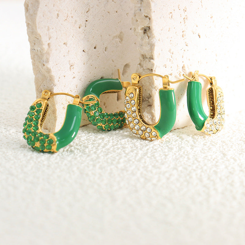 Luxurious Titanium Steel Rhinestone Emerald Drip Earrings