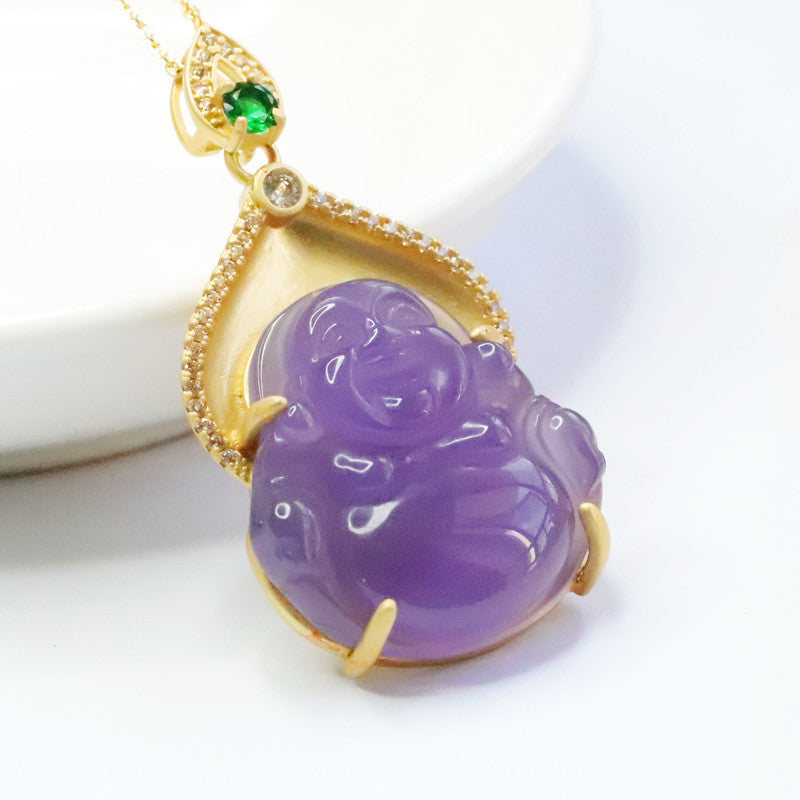 Golden Necklace with Purple Chalcedony Buddha Pendant