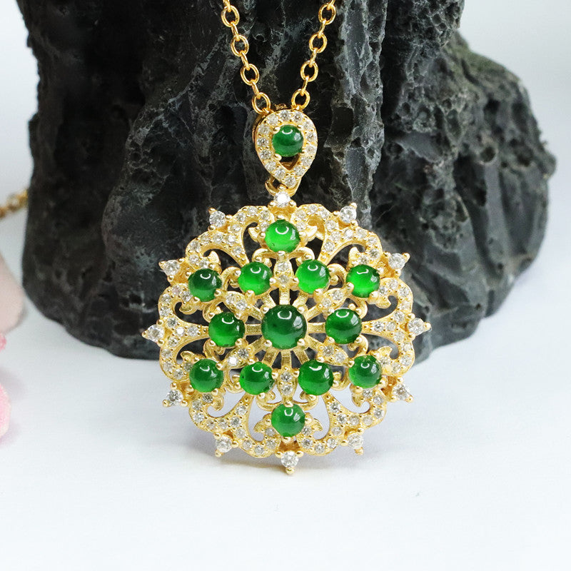 Icy Emperor Green Jade Flower Necklace with Zircon Beads