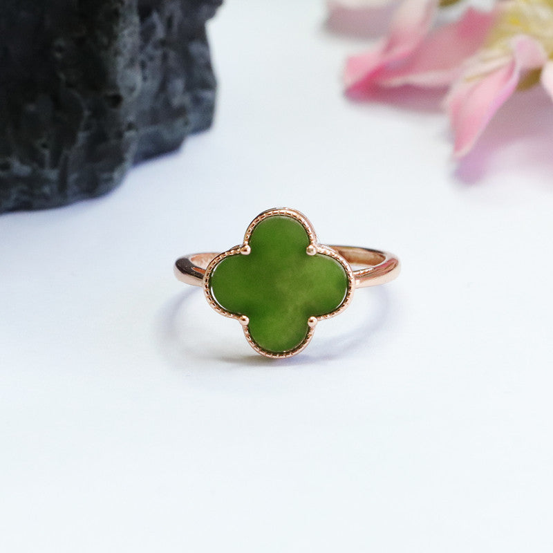 Jasper Clover Sterling Silver Ring with Natural Hotan Jade Gems