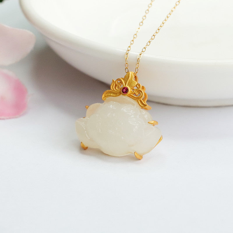 White Jade Lotus Pendant Necklace crafted in Sterling Silver with Natural Hetian Jade