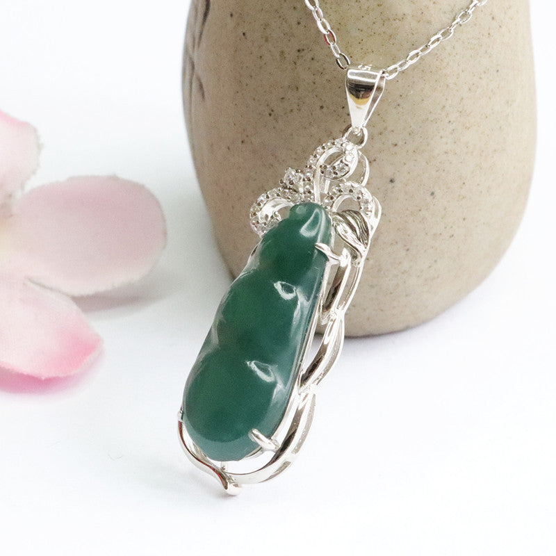 Ice Blue Green Beans Sterling Silver Necklace with Jade Pendant