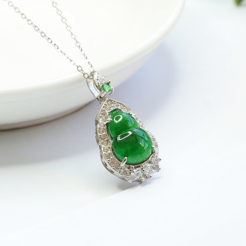 Imperial Green Jade Gourd Necklace with Zircon accent