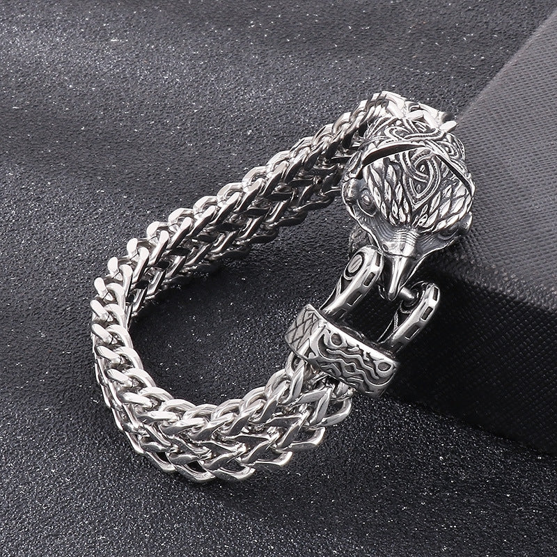 Nordic Viking Eagle Beak and Wolf Head Titanium Steel Men's Bracelet with Punk Retro Snake Chain