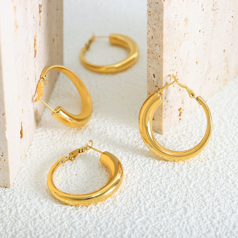 Hong Kong Style Gold-Plated Stainless Steel Earrings with Hollow Circles