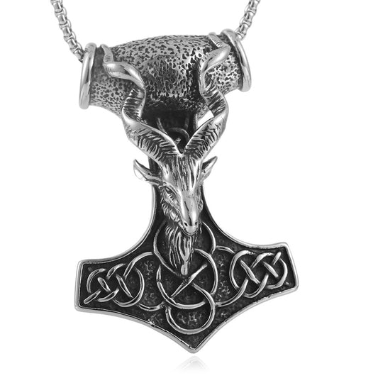 Titanium Steel Thor Hammer Pendant Necklace for Men - Retro Punk Animal Antelope Design