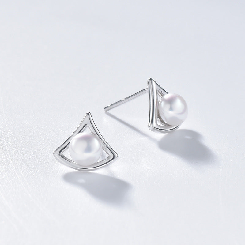 Round Freshwater Pearl Triangle Sterling Silver Stud Earrings