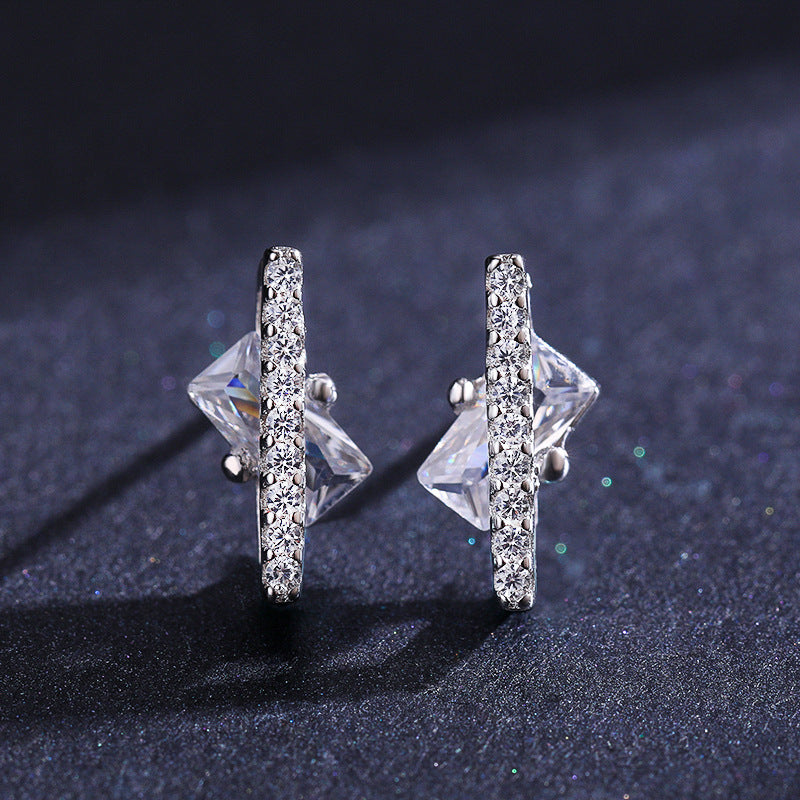 Stylish Sterling Silver Geometric Design Stud Earrings with Zircon Insets