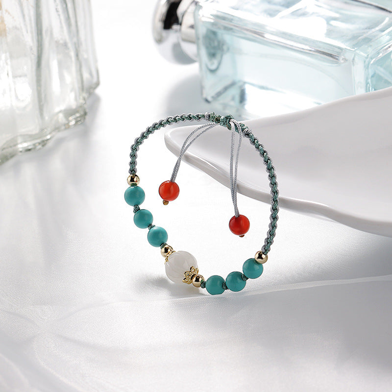 Women's Sterling Silver Braided Bracelet with Natural Turquoise, Red Agate, and Jade Beads