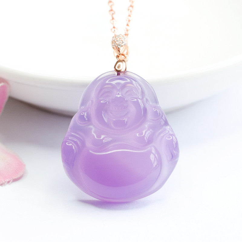 Sterling Silver Necklace with Purple Chalcedony Buddha Pendant