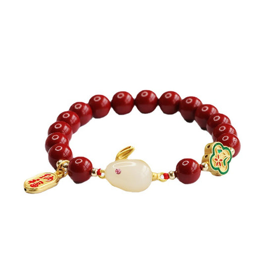 Rabbit Jade and Cinnabar Sterling Silver Bracelet