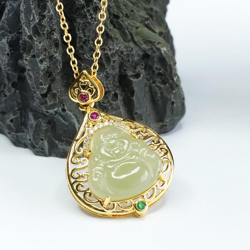 Jade Buddha Pendant with Sparkling Zircon Necklace