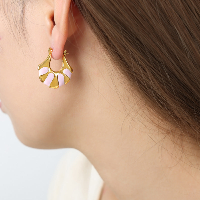 Golden Fan-shaped Enamel Earrings - Exquisite High-End Design for Stylish Women