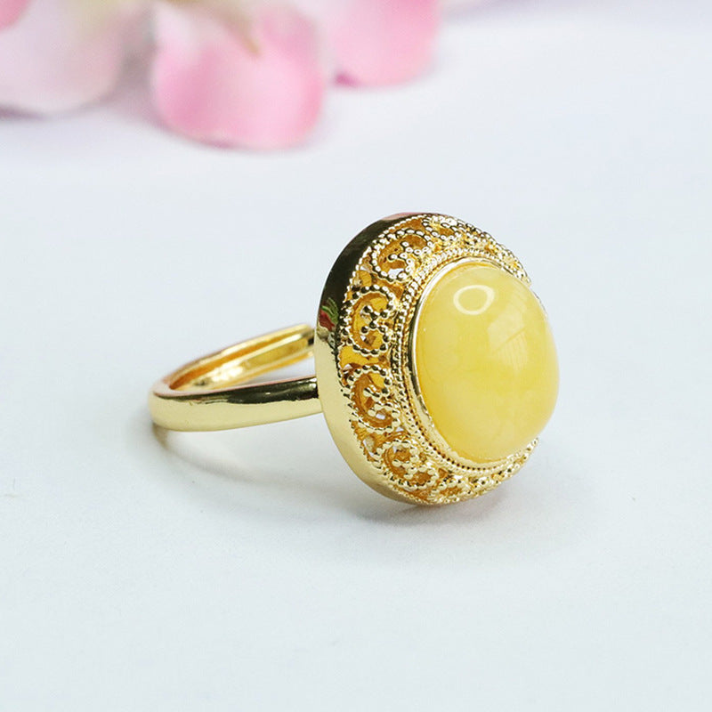 Amber Beeswax Ring with Sterling Silver Ruyi Design