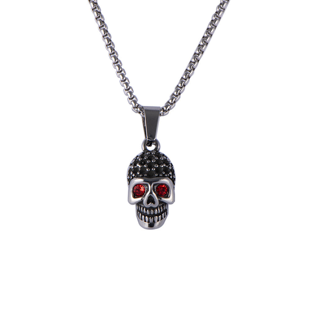 Vintage-Inspired Hip-Hop Skull Necklace with Red Zircon Pendant – Trendy Titanium Steel Jewelry for Men