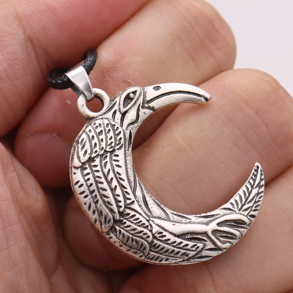 Mystic Crow Metal Necklace with Celtic Moon Pendant - Men's Nordic Talisman