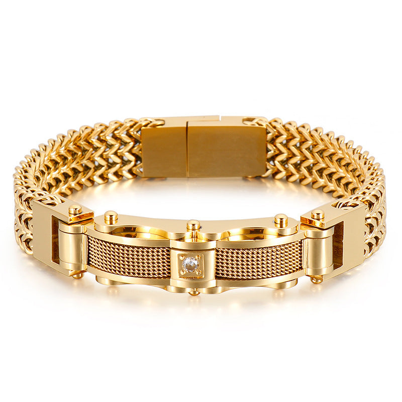 Men's Zircon-Studded Gold Stainless Steel Bracelet - European and American Hipster Style