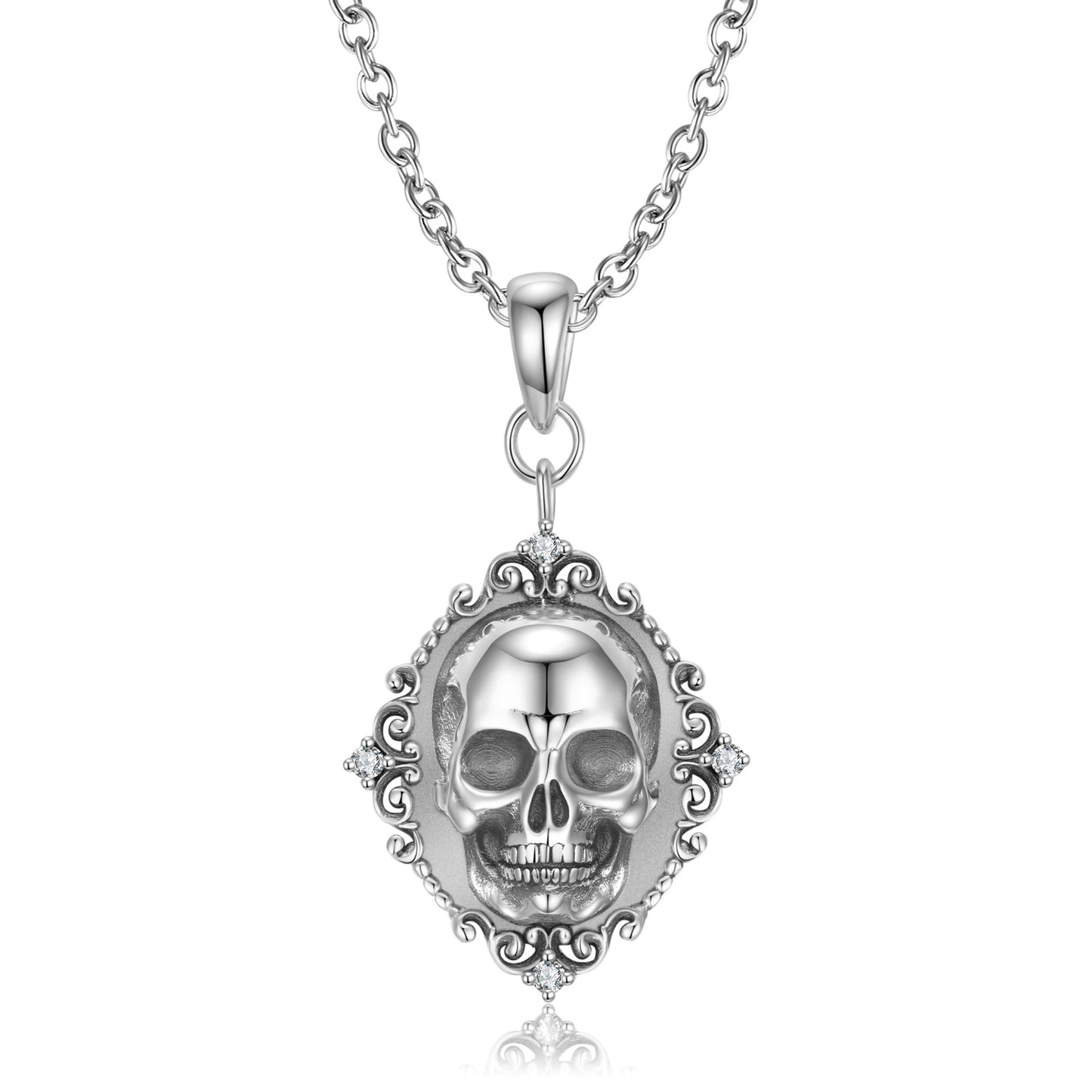 Halloween Skull Portrait Relief Pendant Silver Necklace