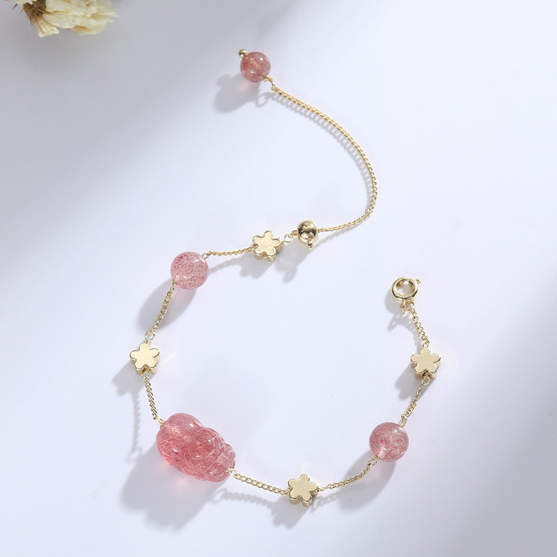 Fortune's Favor Crystal Bracelet with Pixiu for Females, Sterling Silver, Peach Blossom and Plum Blossom Fortune Bracelet, Ideal Gift for Girlfriend