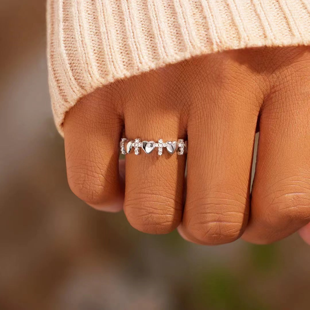 Row of Zircon Cross and Heart Sterling Silver Ring