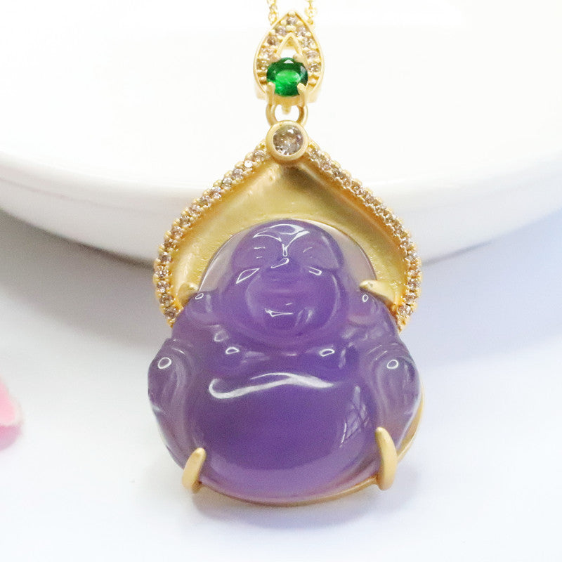 Golden Necklace with Purple Chalcedony Buddha Pendant