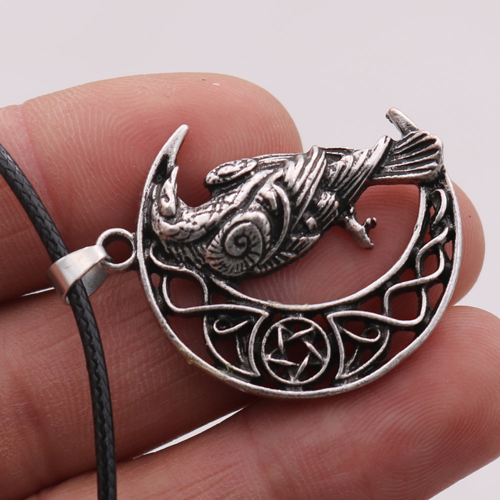 Viking Crow Necklace with Moon Alloy Pendants for Men