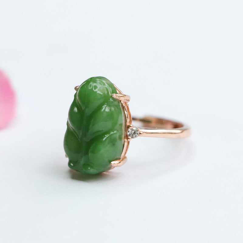 Exquisite Sterling Silver Hetian Jade Jasper Leaf Ring