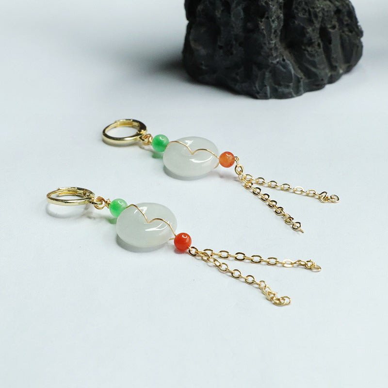 Jade Fortune's Favor Sterling Silver Earrings with Golden Tassel Hangers