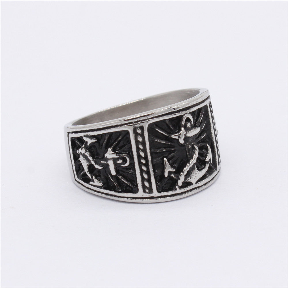 European and American Personalized Retro Navy Anchor Men's Titanium Steel Ring - Wholesale